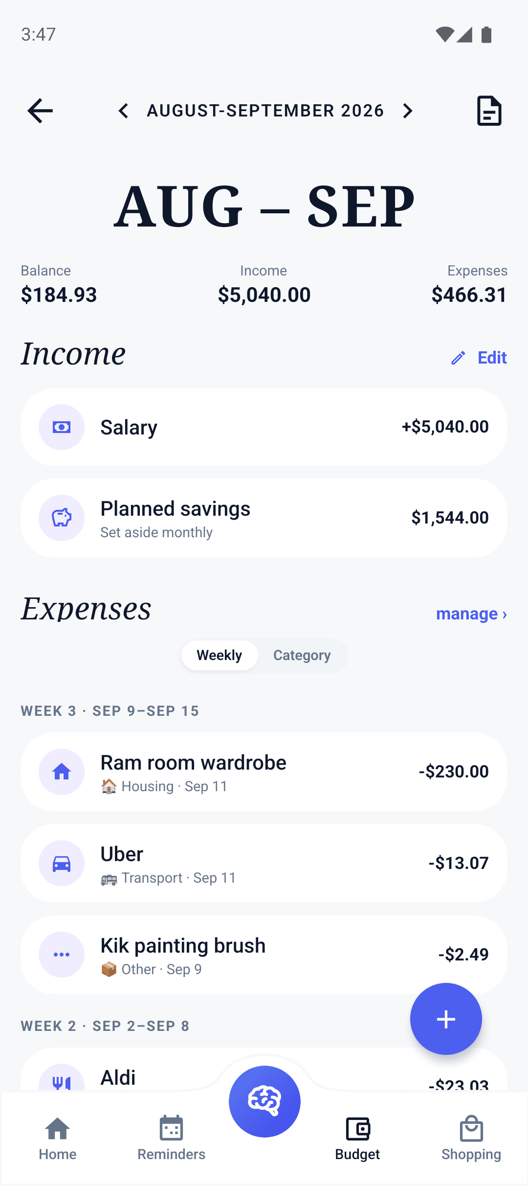 FamiliaSync budget screen showing income and expense cards for the month