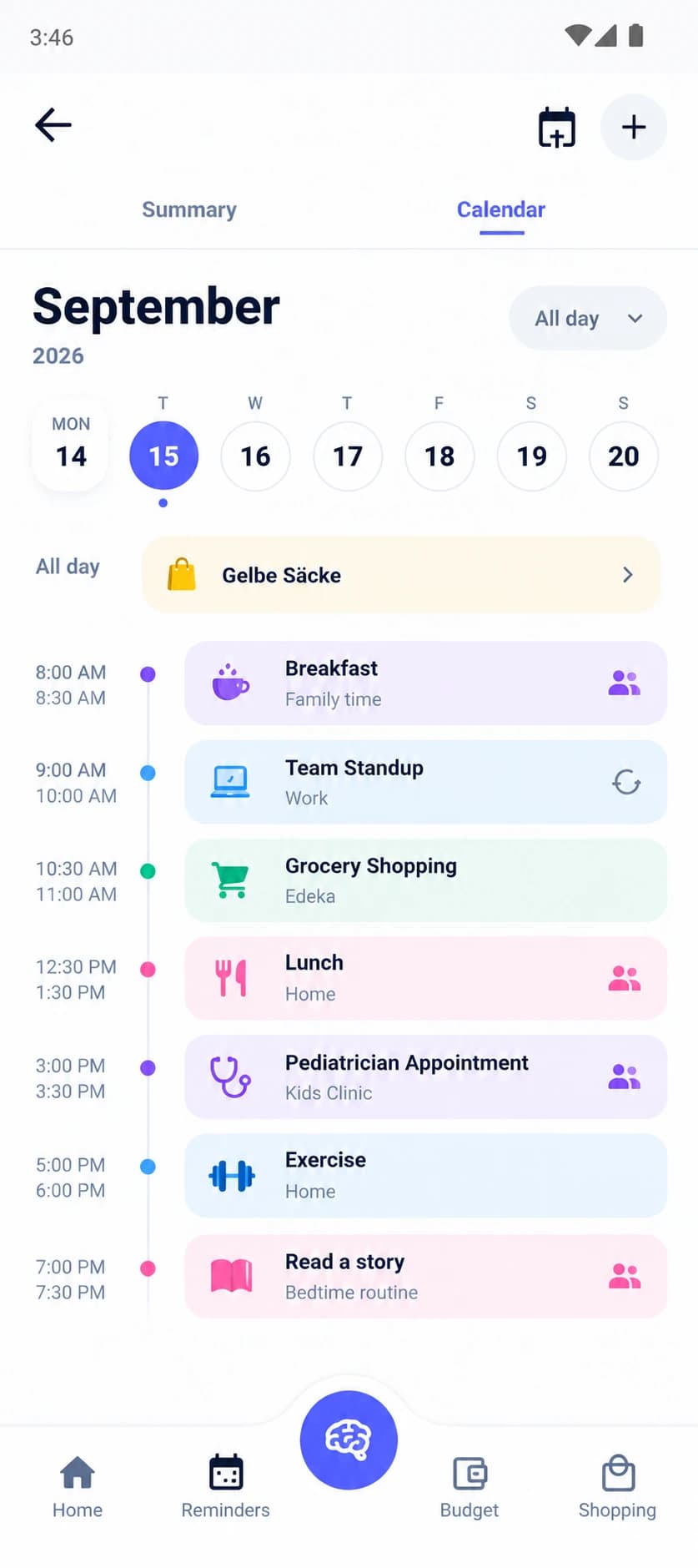 FamiliaSync calendar view showing a September week and a color-coded day timeline with family events, work meetings, grocery shopping, and a pediatrician appointment.