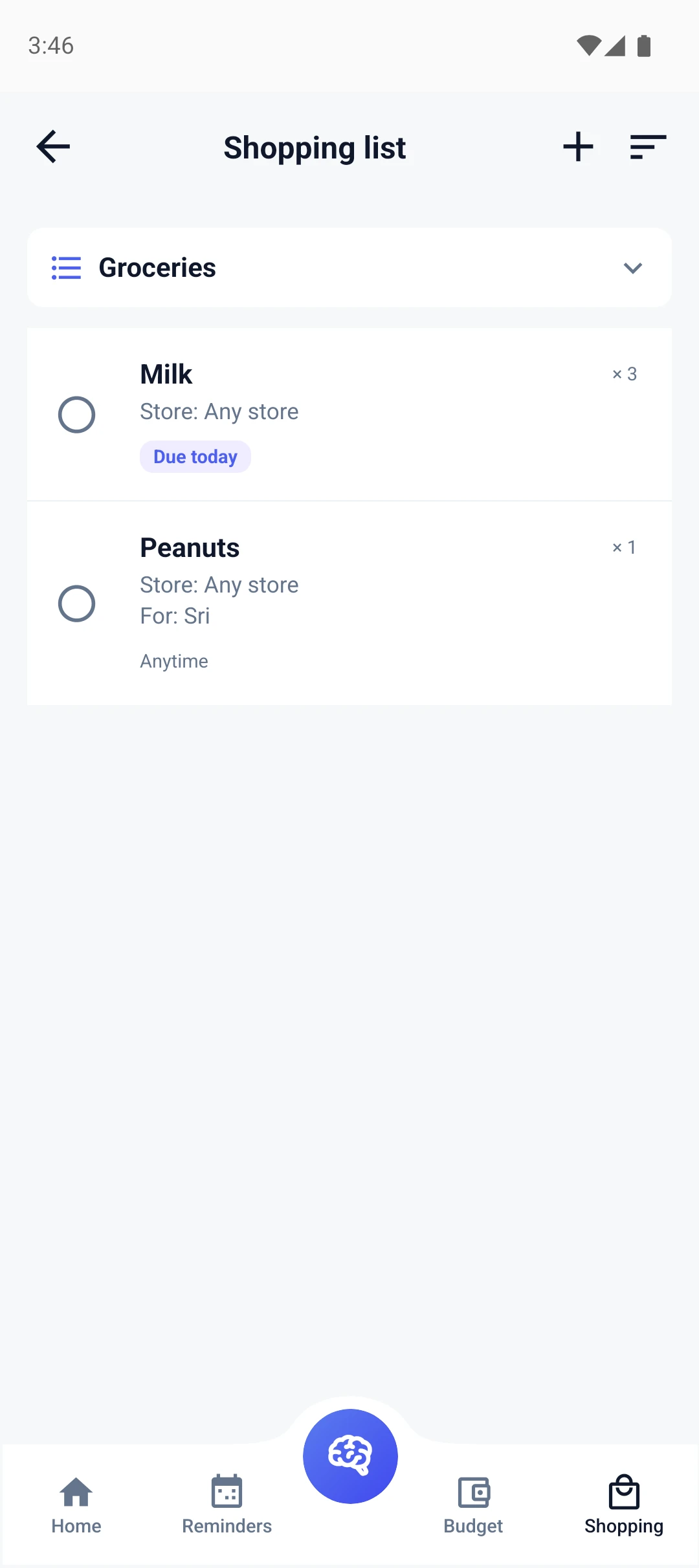 FamiliaSync grocery list showing items with quantities, store labels, an assigned family member, and a 'Due today' badge.