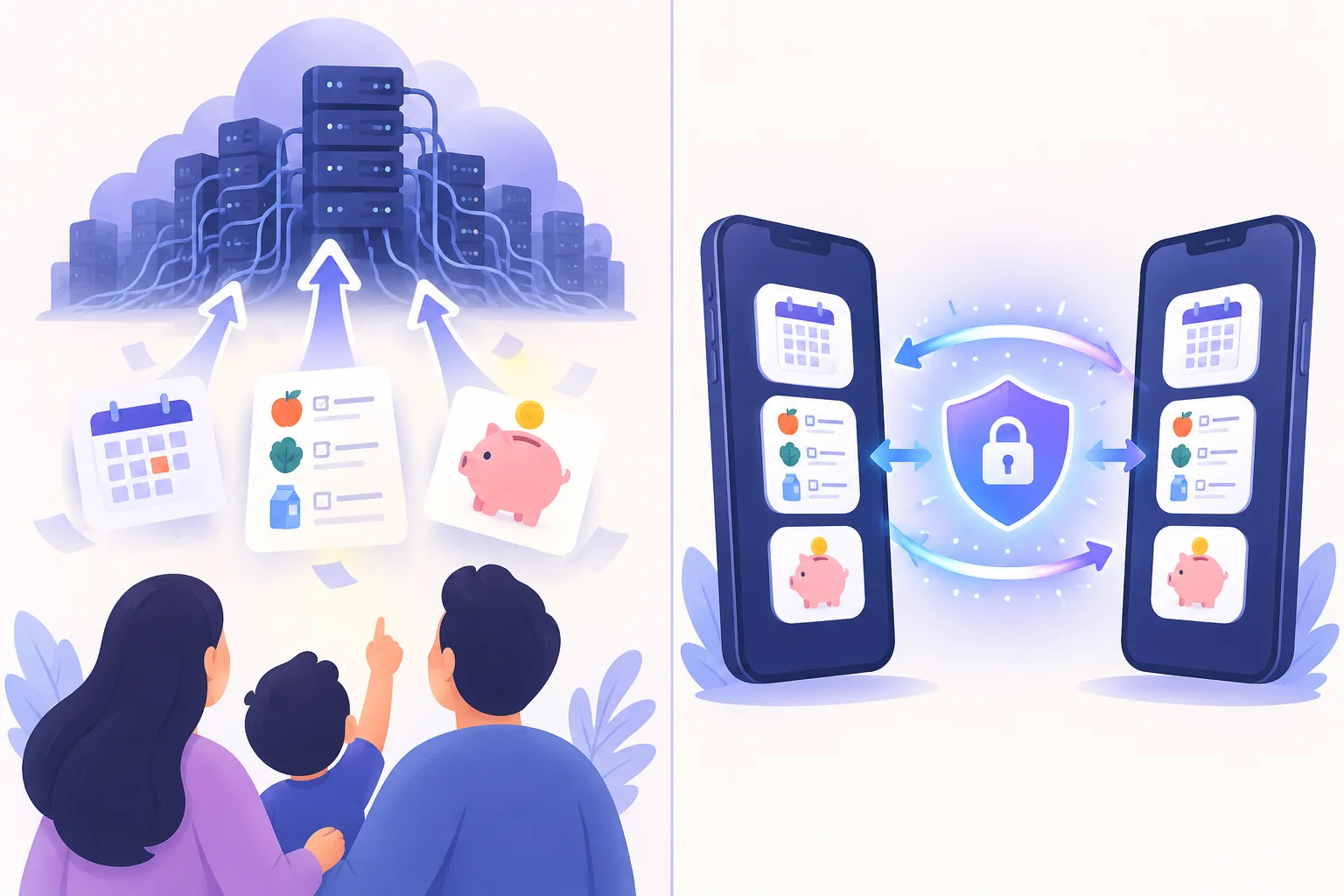 Two architectures compared: on the left, a family's calendar, grocery list, and budget flow up to a corporate cloud server; on the right, two phones exchange data directly through an encrypted shield.