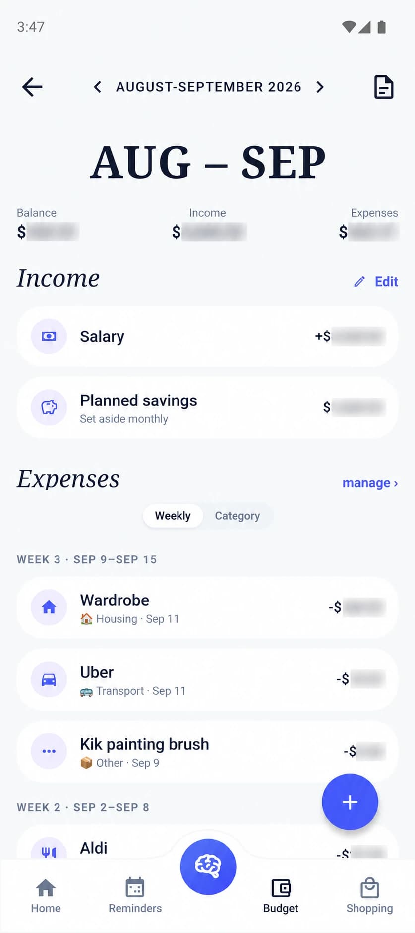 FamiliaSync budget view showing an August-September budget period with income, planned savings, and expenses grouped by week.